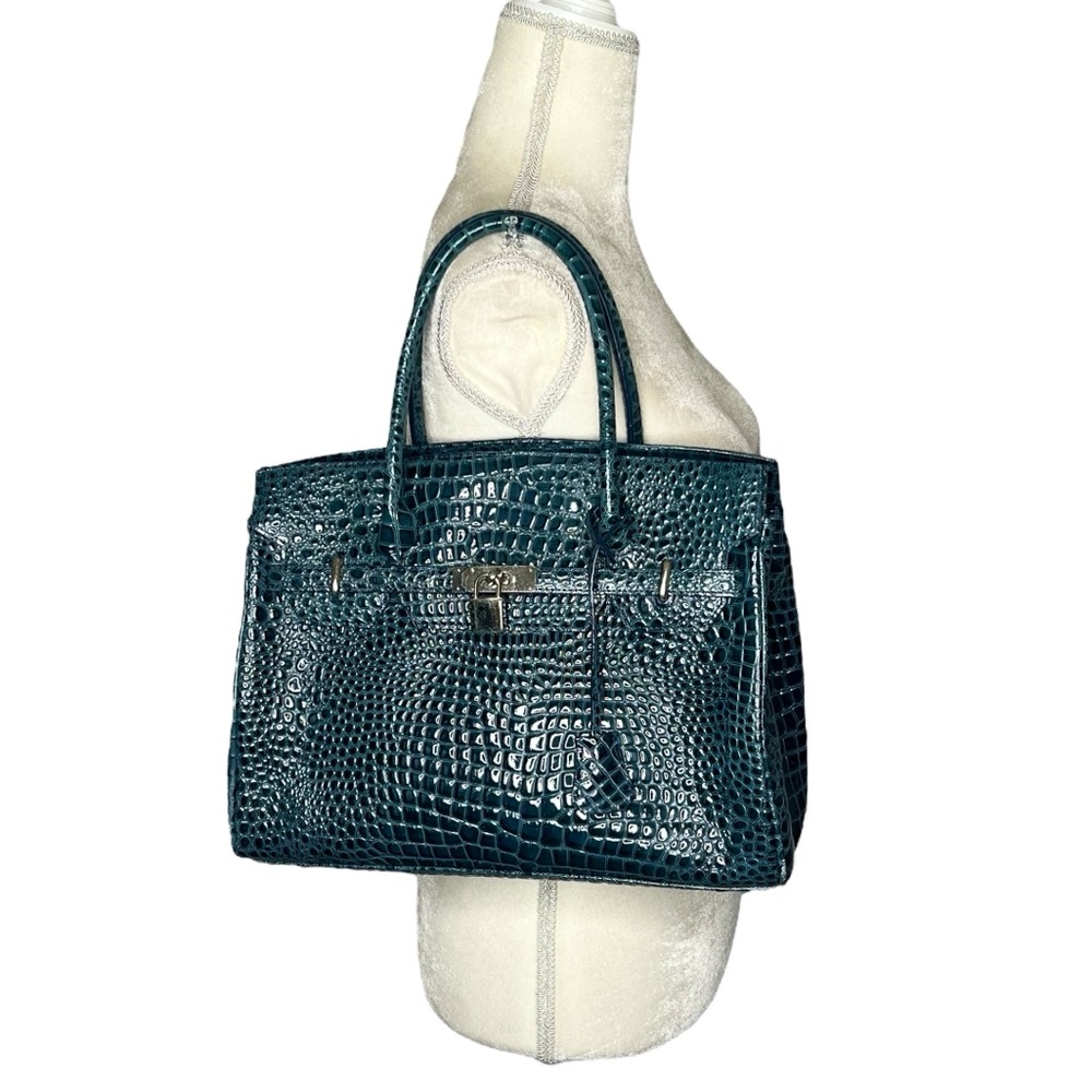 Hardy Amies London Blue Croc Embossed Patent Leather Top Handle Satchel